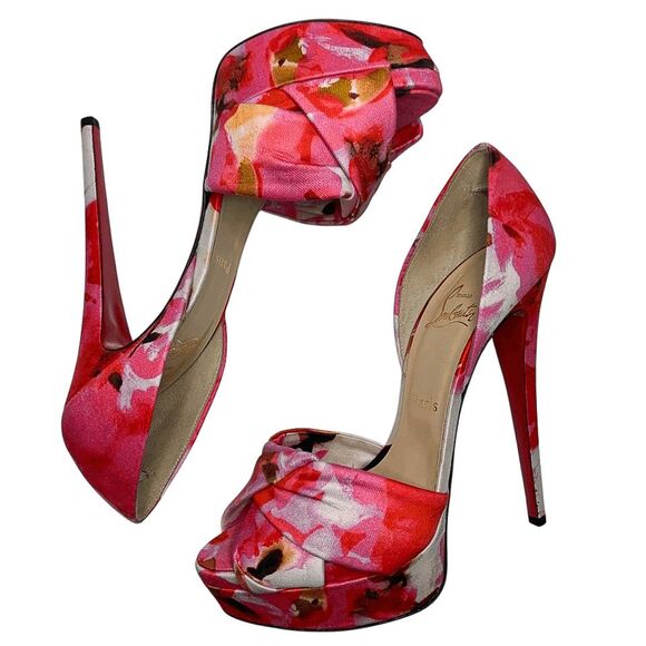 Christian Louboutin Volpi 150 Popi Heel Pink Peep Toe Fabric Pump EU 38.5 US 8.5 - Picture 2 of 10